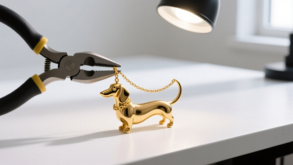 Nylon-jaw pliers straightening a bent gold dachshund necklace on a white workbench under a bright magnifying lamp in a studio