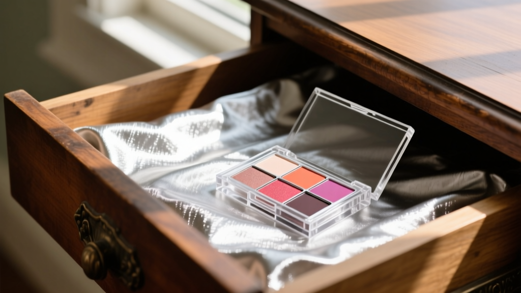 Close-up of anti-tarnish Pacific Silvercloth lining in a wooden drawer, contrasting with a clear acrylic eyeshadow palette bin.