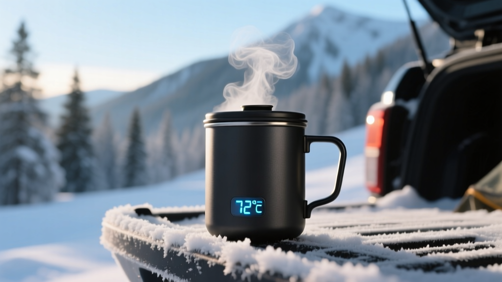 Side profile of a rugged smart camp mug sitting on a snowy tailgate, steam rising from the lid, with a digital temperature readout glowing faintly