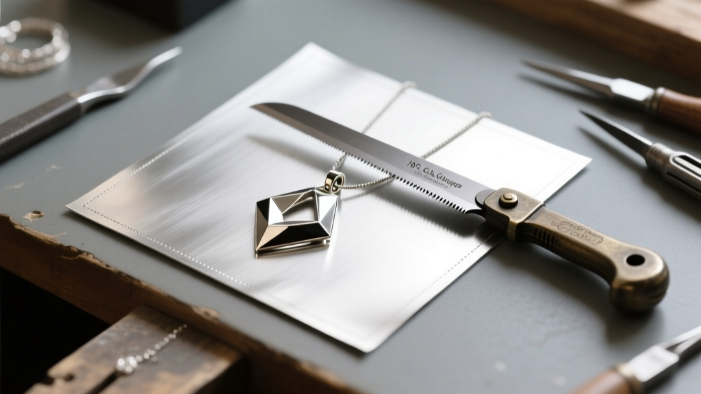 Overhead view of a jeweler workbench with 18-gauge sterling silver sheet, a jeweler saw, and a partially cut geometric pendant.