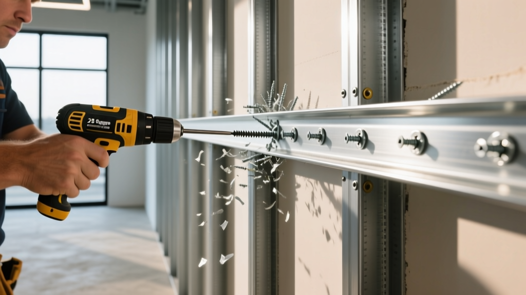 Contractor securing 25-gauge galvanized steel studs to a top track using self-drilling screws in a commercial interior wall frame