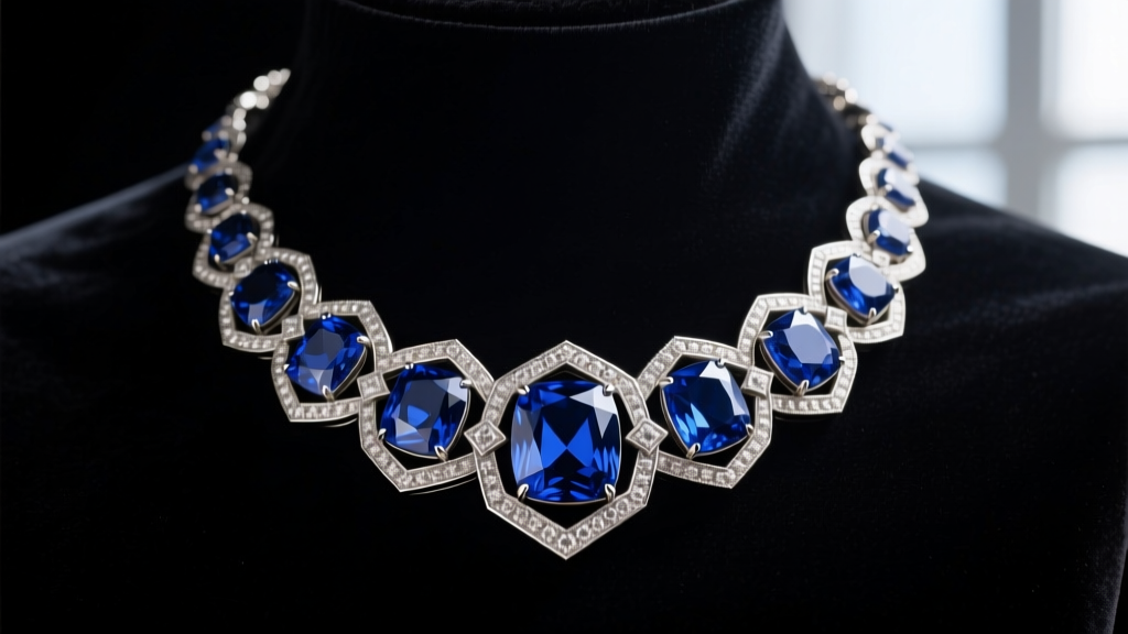 Art Deco vintage sapphire necklace on dark velvet, highlighting milgrain platinum settings and deep blue cushion-cut stones