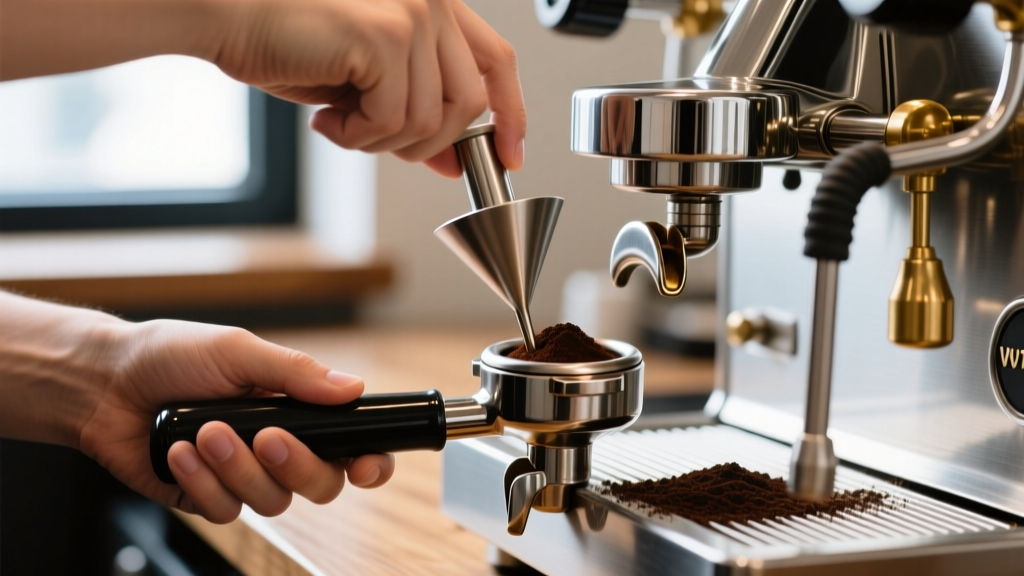 Close-up of a barista using a stainless steel WDT distribution tool in a portafilter next to a manual lever espresso machine