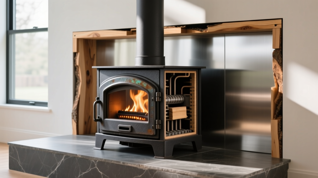 Cutaway view of a cast iron catalytic wood stove installed on a slate hearth with fire-retardant treated wood framing visible behind a modern heat shield