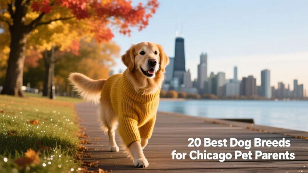 A golden retriever wearing a cozy sweater walking along Chicago’s scenic lakefront path on a crisp autumn day