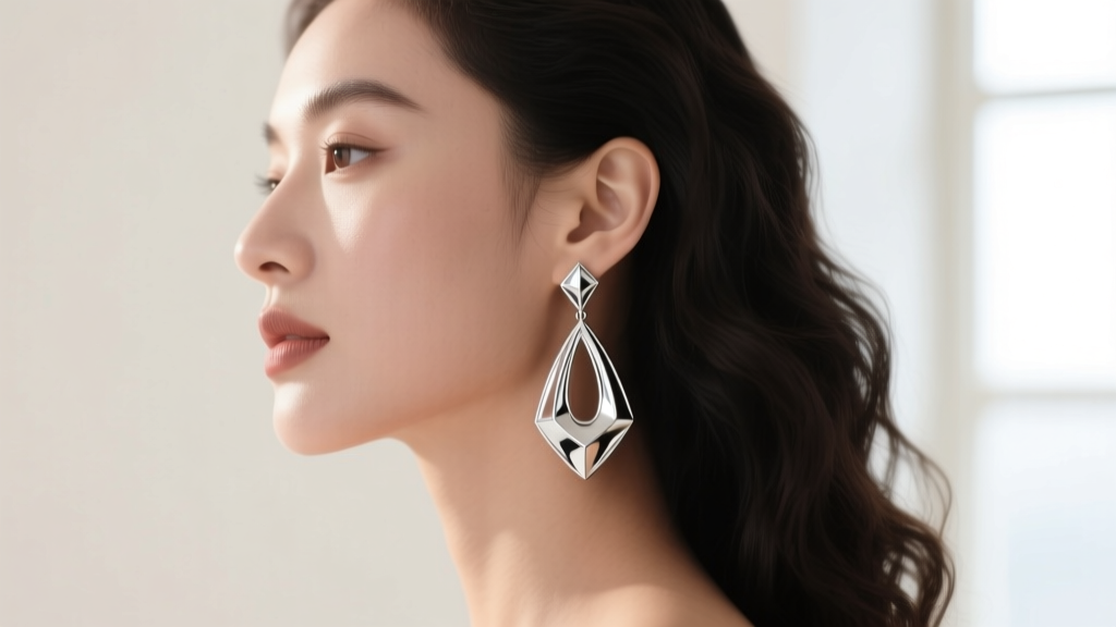 Side profile of a woman wearing sculptural silver teardrop earrings, soft lighting highlighting the reflective liquid-metal finish