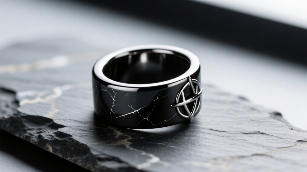 Macro photography of an implant-grade titanium anarchy ear cuff with black PVD coating, resting on a textured slate surface.