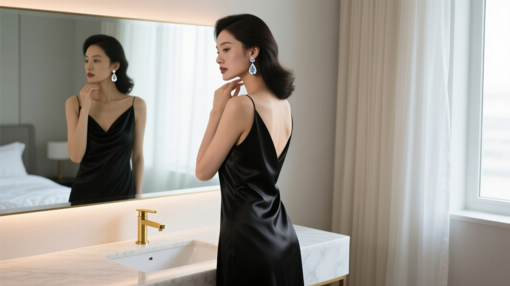 Woman in black silk gown touching her earlobe adorned with a crystal teardrop earring, looking into a softly lit vanity mirror.
