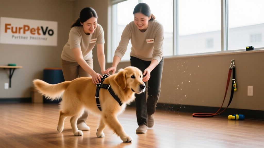Two volunteers gently guiding a young Golden Retriever through a quiet indoor training session at a FurPetVo partner facility