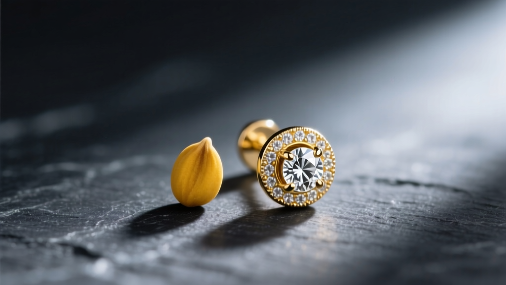 Macro shot of a 2mm gold mustard seed earring with bezel diamond on dark slate, soft lighting highlighting the delicate metal rim.