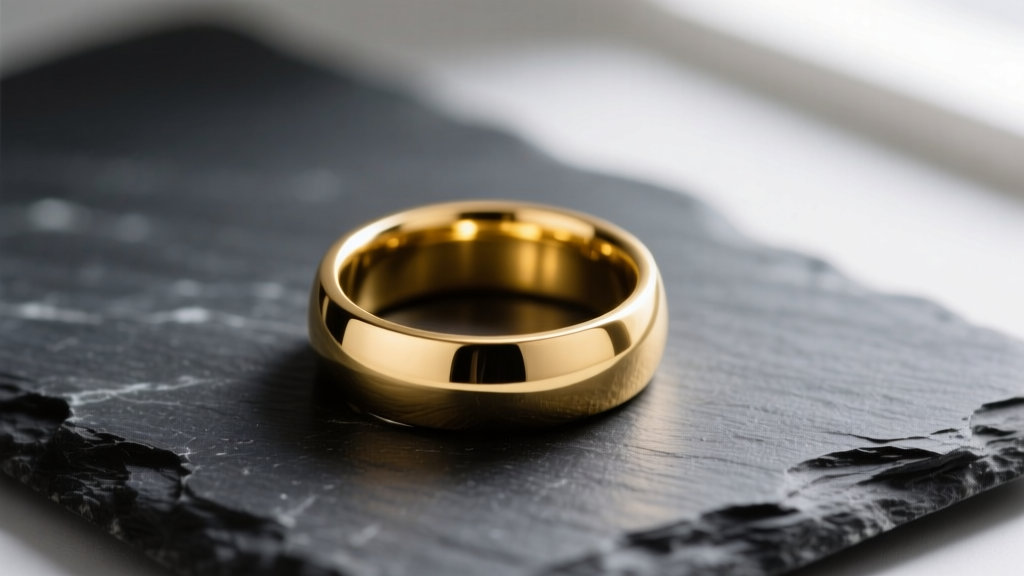 Macro photography of a gold-plated brass ring resting on dark slate, highlighting the brilliant yellow gold finish and sharp edges.