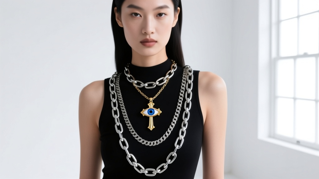 Fashion model wearing a layered stack with an 18-inch paperclip chain, 20-inch rolo chain, and a 22-inch evil eye cross pendant.