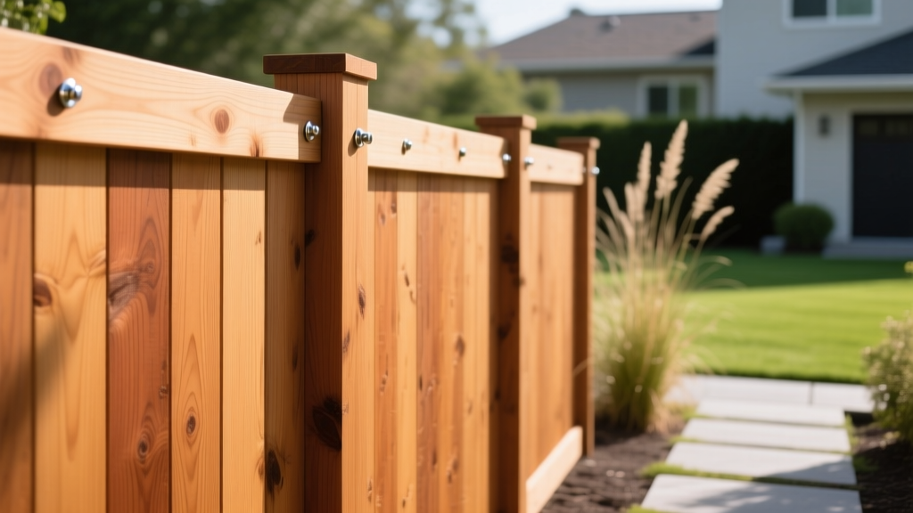 Detailed view of Western Red Cedar board-on-board privacy fence panels secured with stainless steel fasteners in a bright backyard