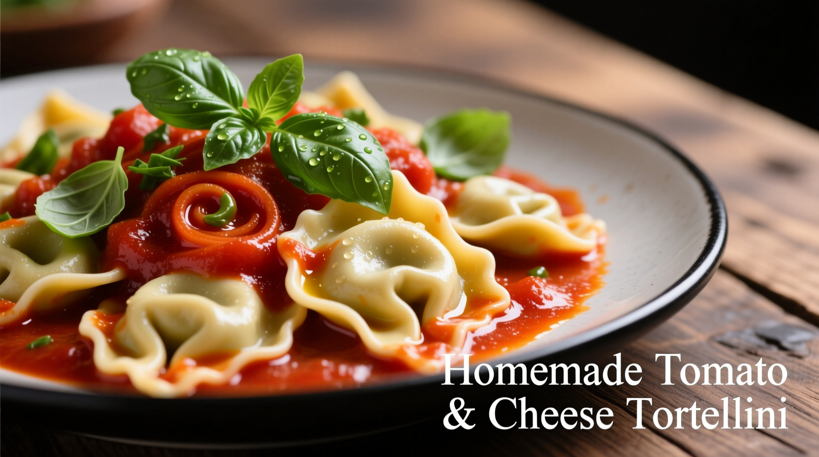 Cheese tortellini in vibrant tomato sauce with fresh basil garnish