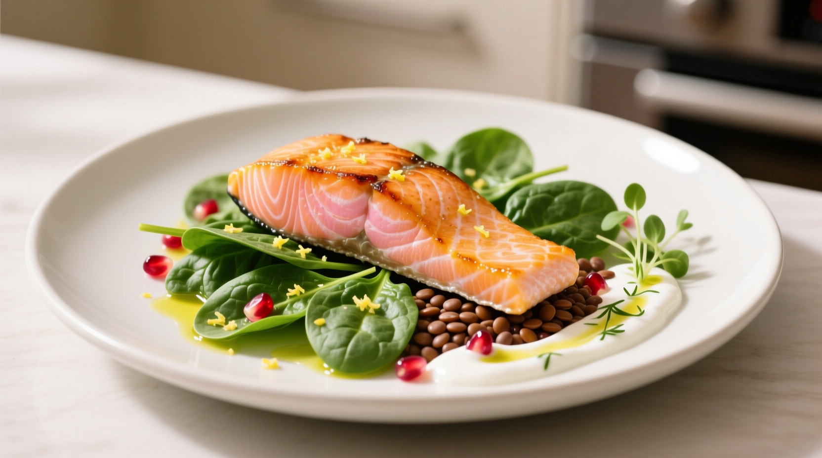 Colorful plate with salmon, spinach, and lentils