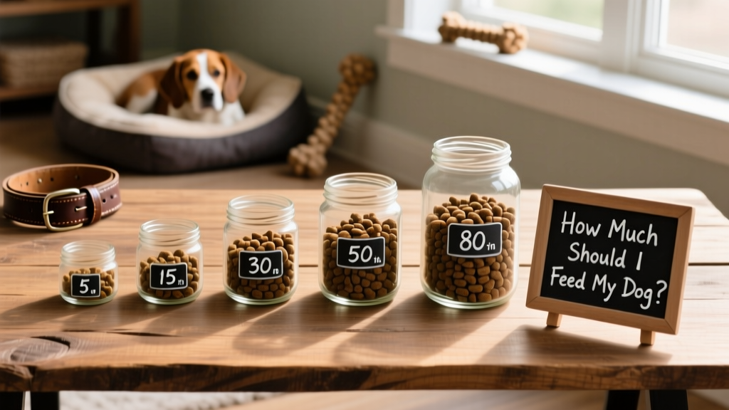 A side-by-side comparison of measured kibble portions for dogs ranging from 5 to 80 pounds