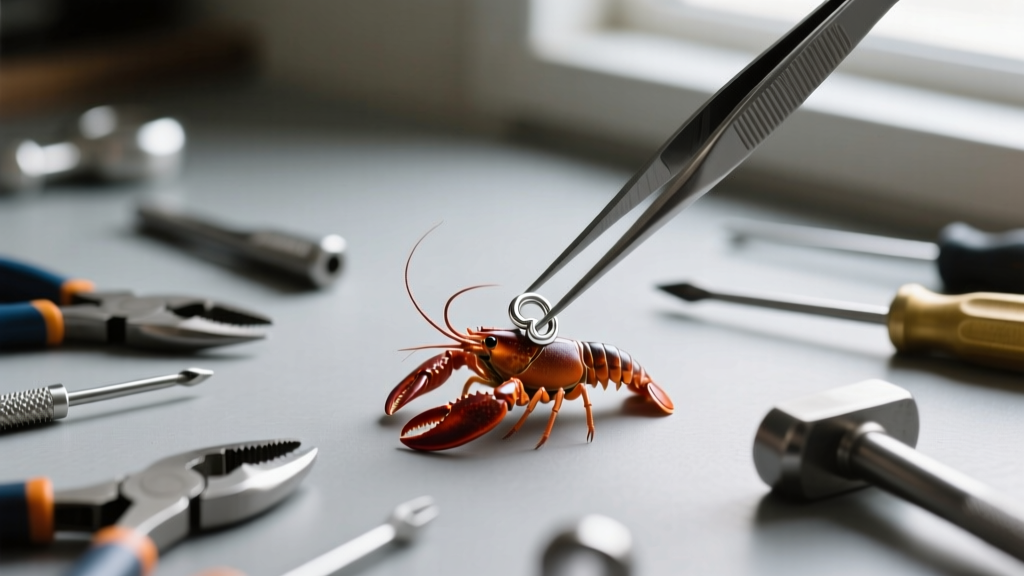 Close-up of tweezers adjusting the tension spring inside a 5mm sterling silver lobster clasp on a workbench with scattered tools.