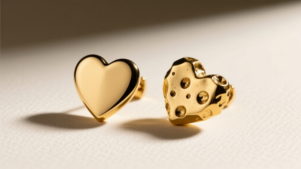 Flat lay comparing cast and hand-melted gold nugget heart earrings, showing differences in surface porosity and edge irregularity.