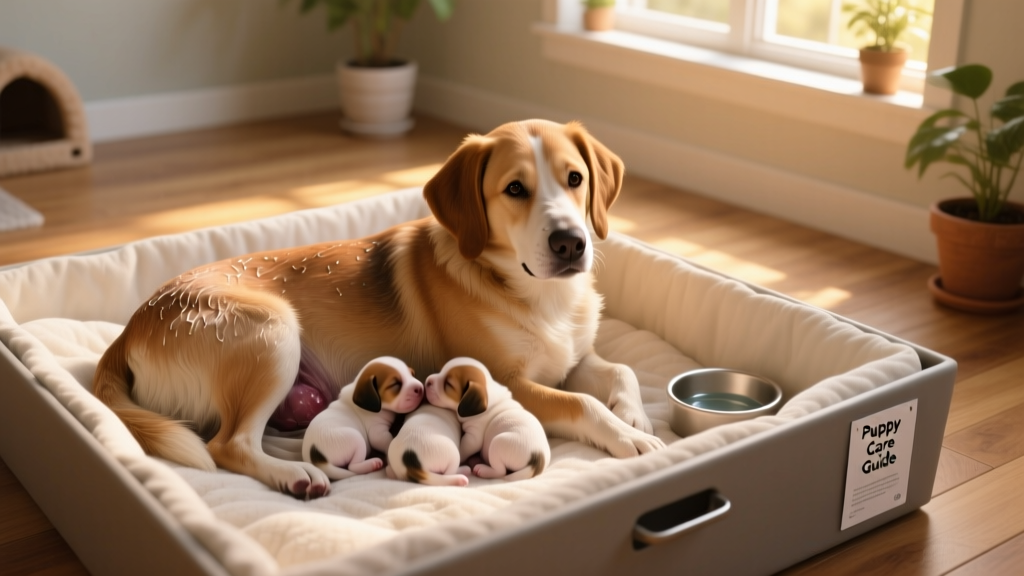 Newborn puppies nestled safely with their mother in a warm, clean whelping box