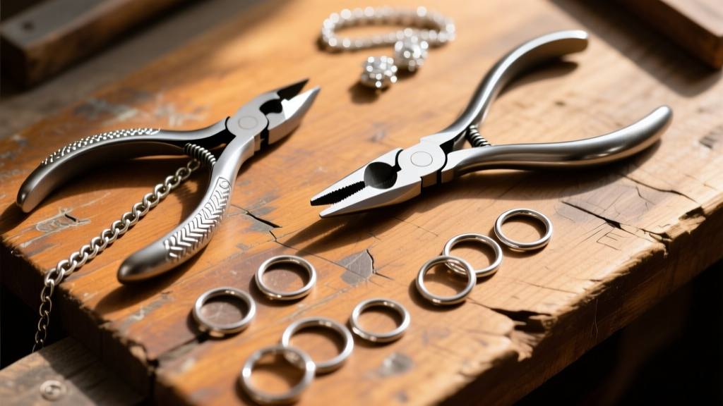 Top-down view of jewelry tools including chain-nose pliers, flush cutters, and silver jump rings on a scratched wooden workbench.
