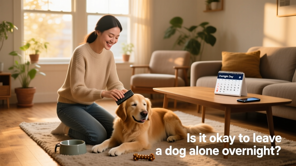 A pet sitter gently interacting with a dog in a sunlit living room, both appearing relaxed and comfortable