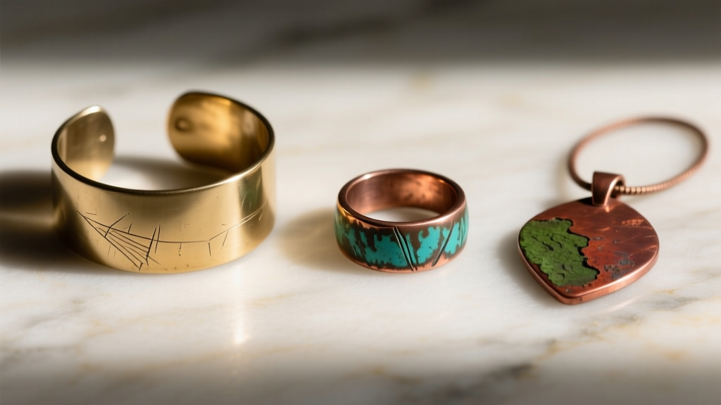 Side-by-side comparison of a raw brass cuff, a bronze cast ring, and a pure copper pendant displaying varying stages of oxidation