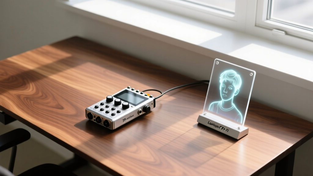 Overhead view of a meticulously organized walnut desk featuring a Teenage Engineering TP-7 field recorder and a Looking Glass Portrait holographic display