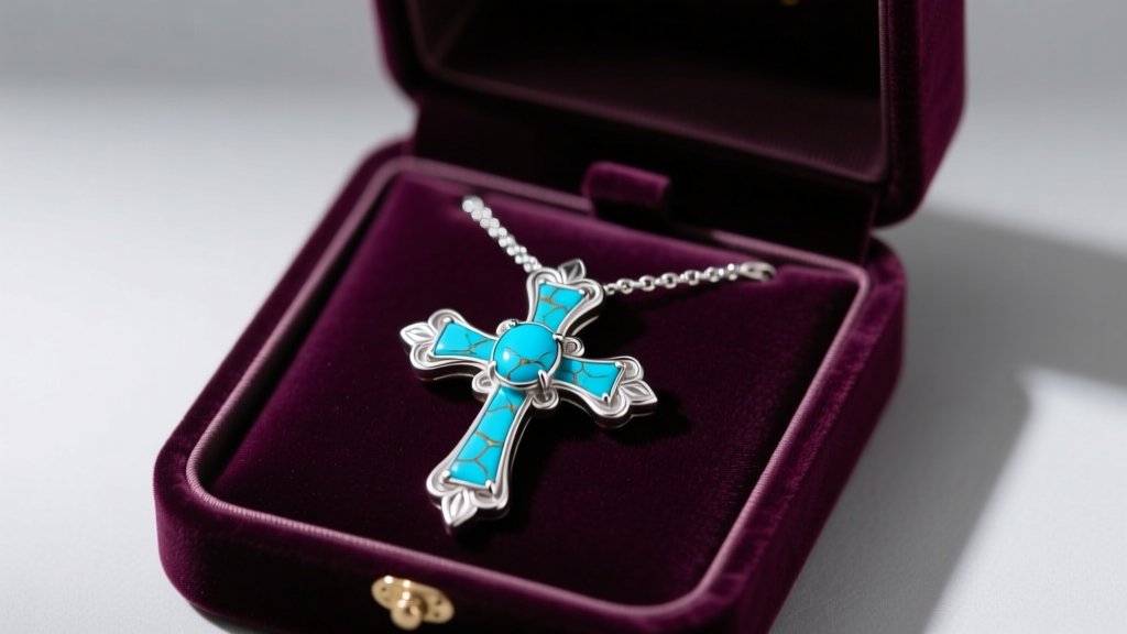 Open velvet box revealing a sterling silver cross necklace inlaid with vibrant blue Sleeping Beauty turquoise under soft light