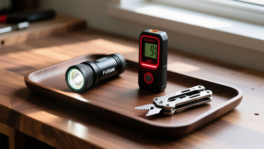 Everyday carry tray featuring a magnetic headlamp, laser distance measure, and oscillating multi-tool on a dark wood workbench