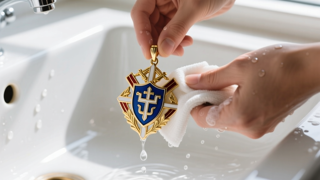 Hands cleaning an enameled Knights of Columbus shield pendant with a microfiber cloth and soapy water in a bright porcelain sink.