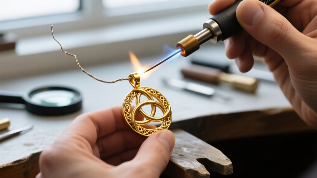 Macro shot of a jeweler using a micro-torch and solder pick to repair a fractured wire joint on a delicate gold triquetra pendant.