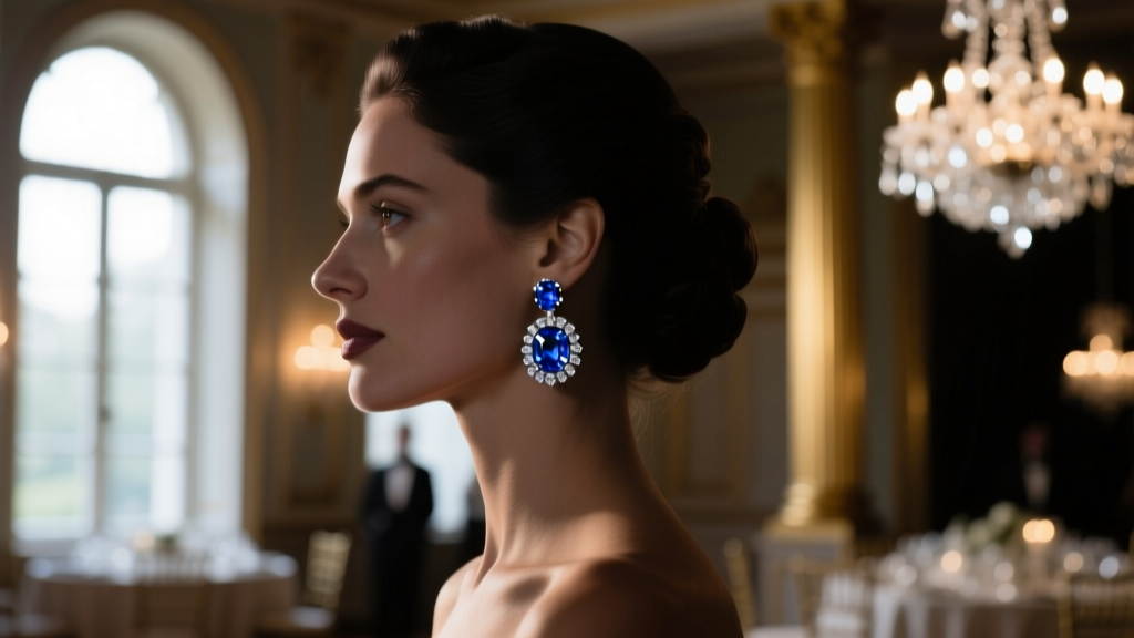 Woman wearing 20mm sapphire and diamond huggie hoops at a dimly lit gala, highlighting blue gemstone sparkle on her earlobe.