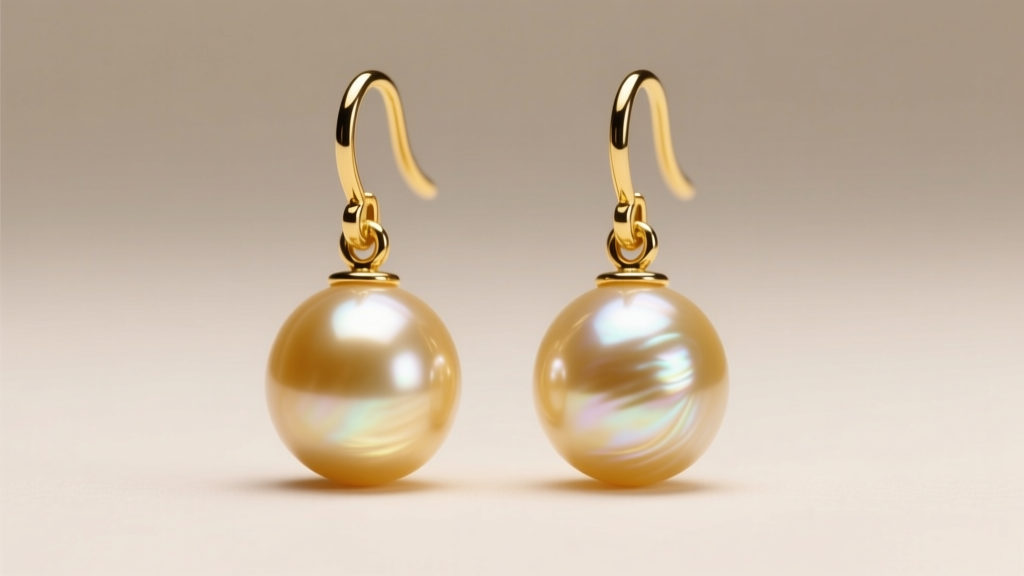 Close-up of 11mm round South Sea golden pearl drop earrings on 18k yellow gold leverback wires, soft studio lighting, macro lens