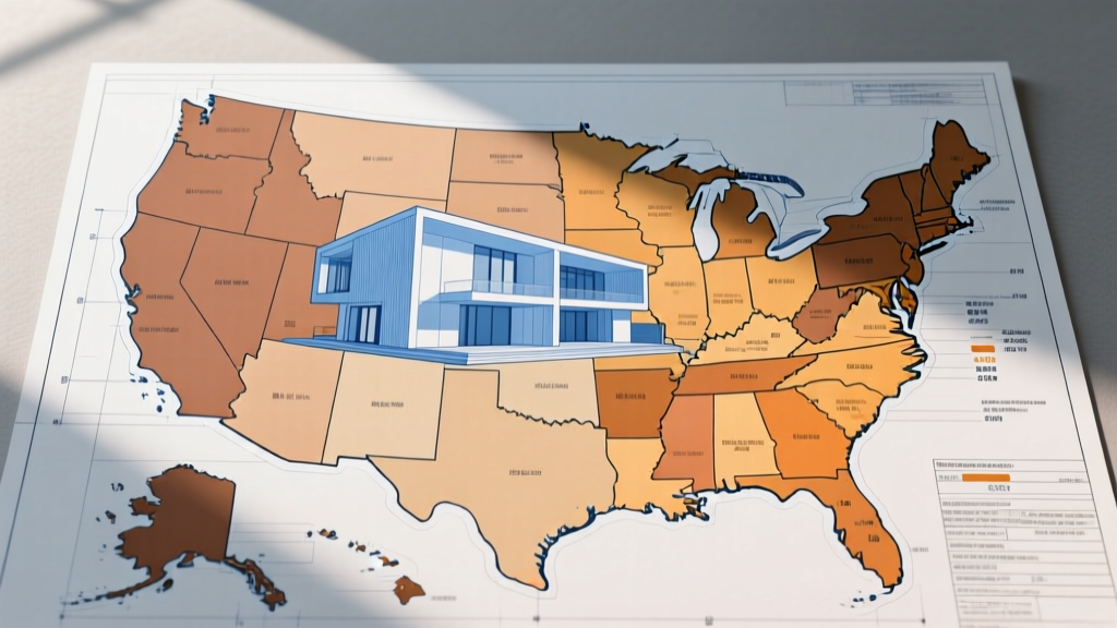 Architectural blueprints of a modern home overlaid with a US map showing regional construction cost variations in warm earth tones