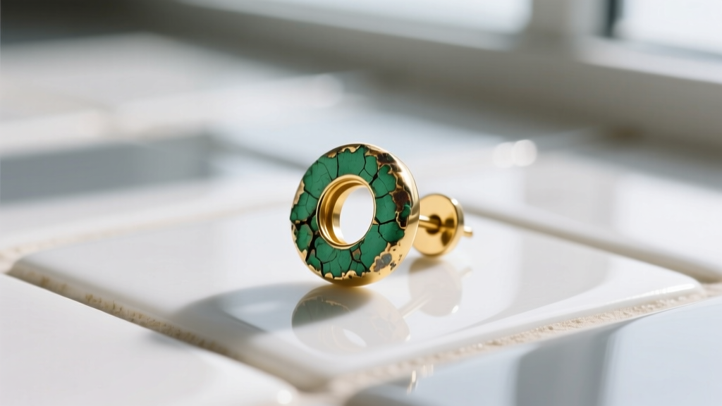 Close-up of tarnished 14k gold stud earring back showing green oxidation from chlorine exposure, placed on a white ceramic tile