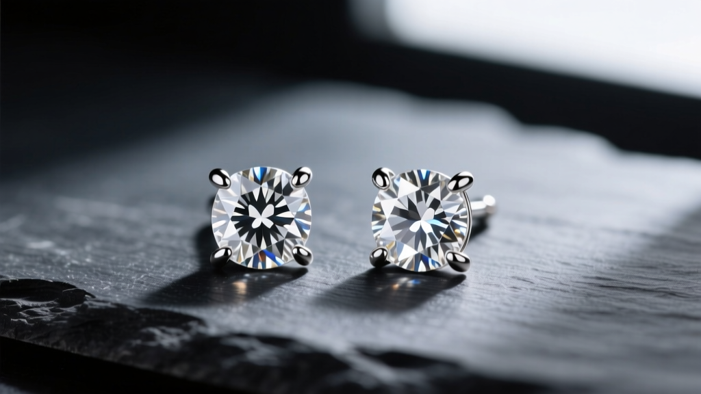 Macro shot of matched 1-carat Princess cut diamond stud earrings in platinum four-prong martini settings resting on dark slate.