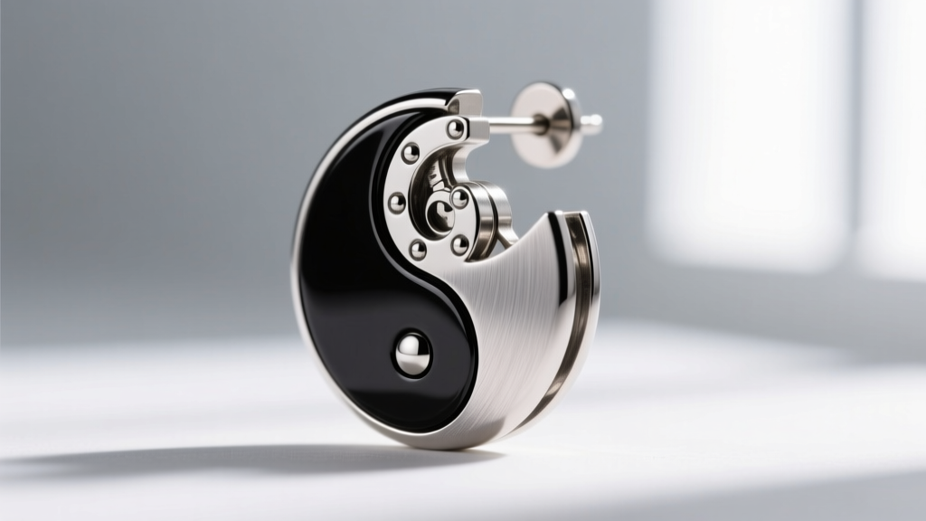 Side profile of a titanium yin and yang spinner earring, showing the micro-rivet pivot point and polished black rhodium inlay.