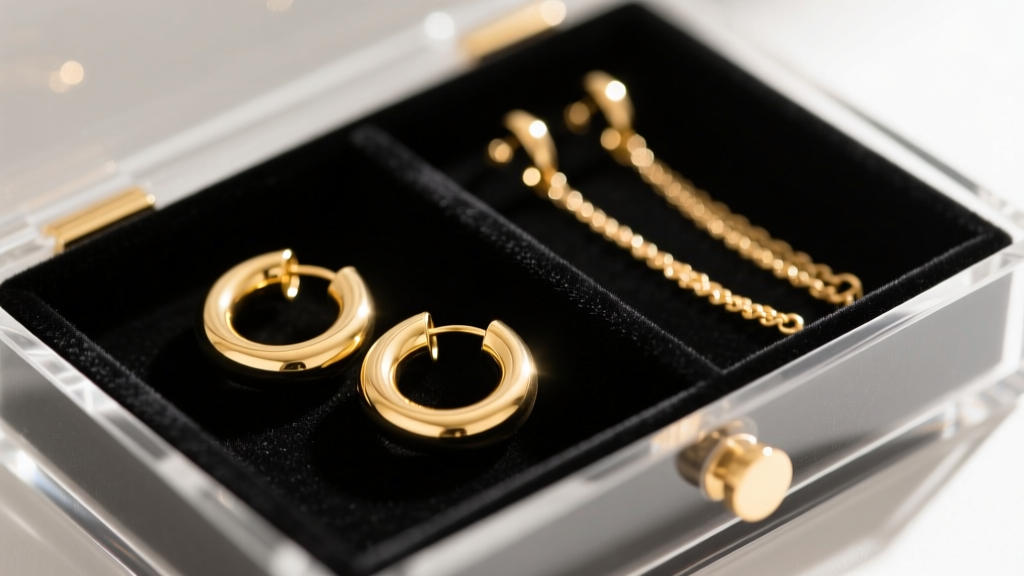 Close-up of 14k gold huggie hoops and delicate threader earrings secured in velvet-lined slots of an acrylic jewelry organizer