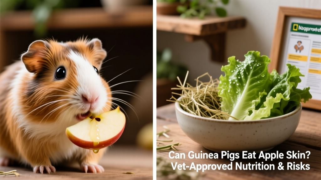 Side-by-side comparison: a guinea pig eating apple skin, next to a bowl of timothy hay and fresh romaine lettuce