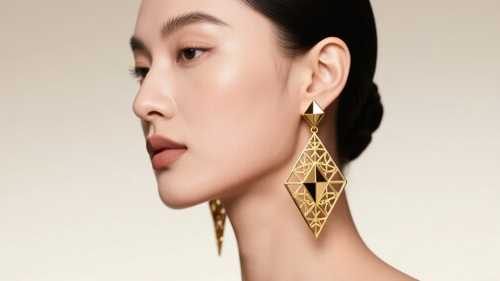 Model wearing intricate 14k gold geometric chandelier earrings, soft studio lighting highlighting the earlobe and jawline profile