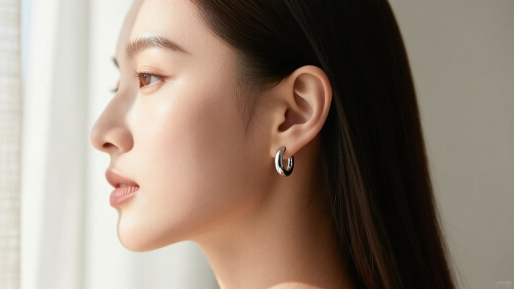 Side profile of a woman wearing an 8mm small silver hoop earring in her upper helix cartilage, captured in soft natural daylight.