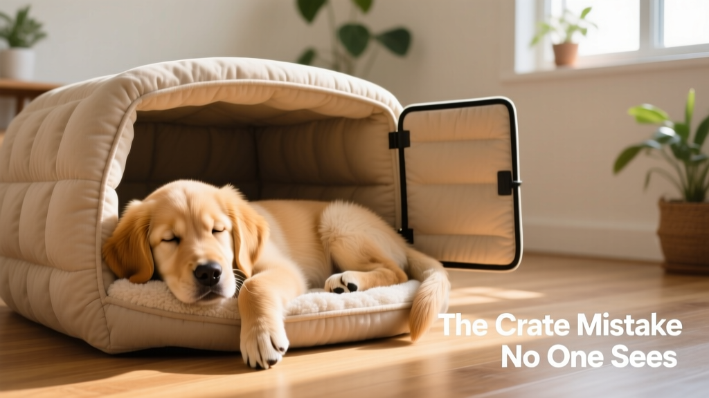 A calm, relaxed puppy resting inside a well-padded crate with the door open