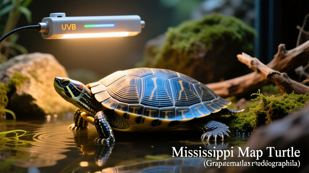 Side view of a Mississippi map turtle basking under a focused heat lamp, with UVB fixture mounted above and water visible below