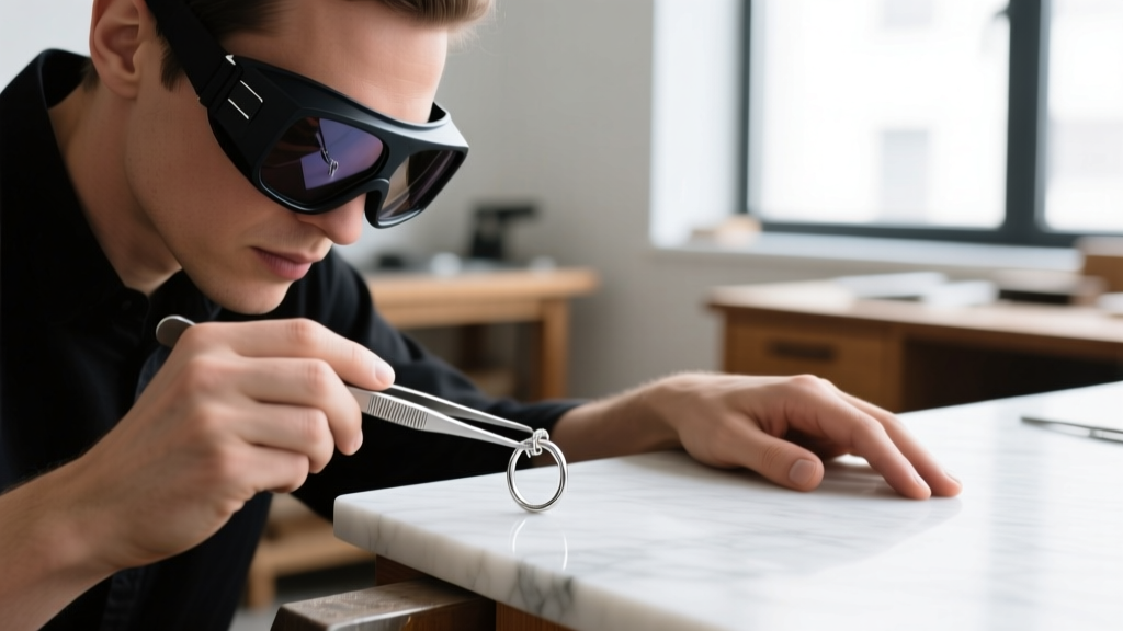 Jeweler wearing dark protective welding glasses aligning a small jump ring on a client's wrist using fine-tipped titanium tweezers