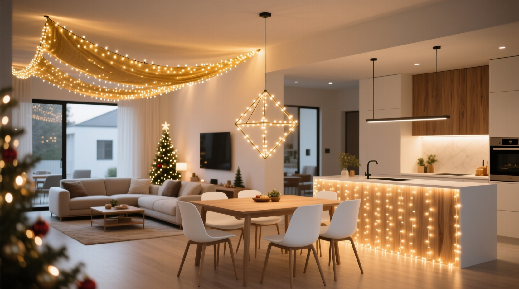 how to use christmas lights to define zones in an open floor plan