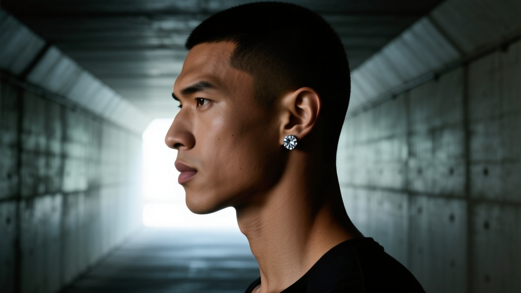 Athlete in tunnel wearing 4mm bezel-set diamond stud earrings, cinematic lighting, sharp focus on the ear and jawline profile