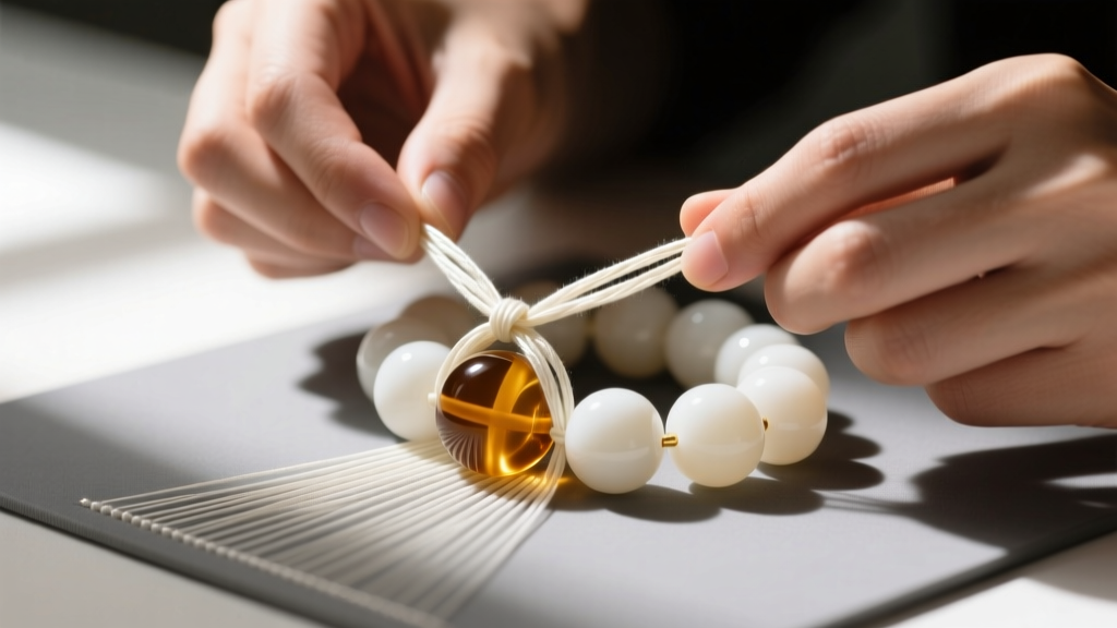 Jeweler carefully knotting fine ivory silk thread between large opaque white amber beads on a professional gray beading mat.