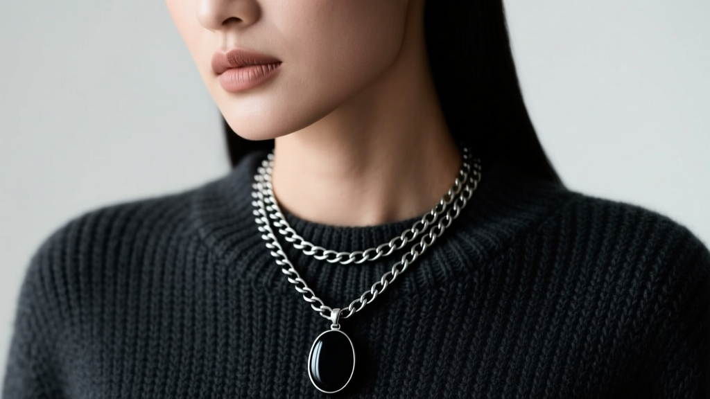 Close-up of a model wearing a layered blackened silver chain necklace with a matte black onyx pendant against a dark charcoal sweater.