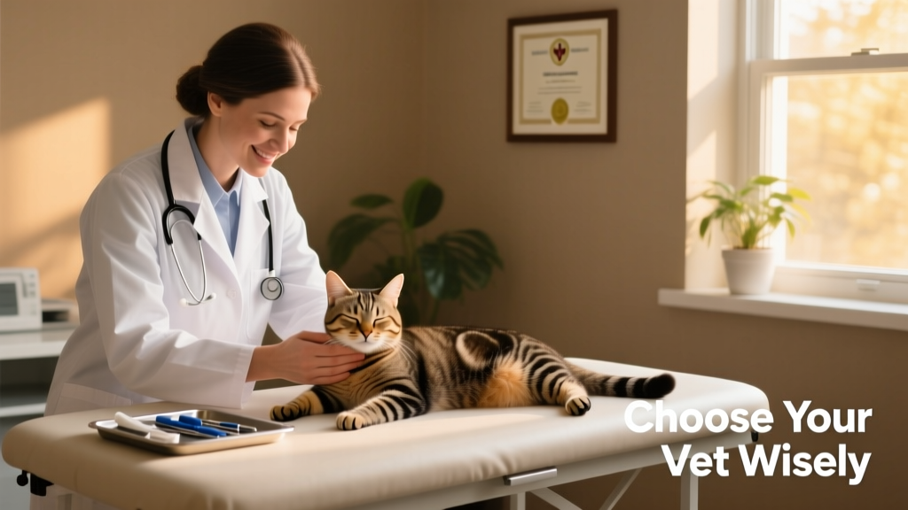 A calm, gentle veterinarian examining a relaxed cat on an exam table
