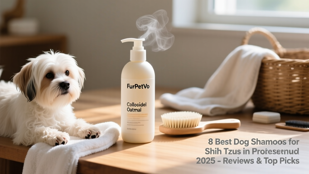 Close-up of FurPetVo Colloidal Oatmeal Shampoo bottle next to a soft-bristled brush and a clean, fluffy Shih Tzu towel-drying